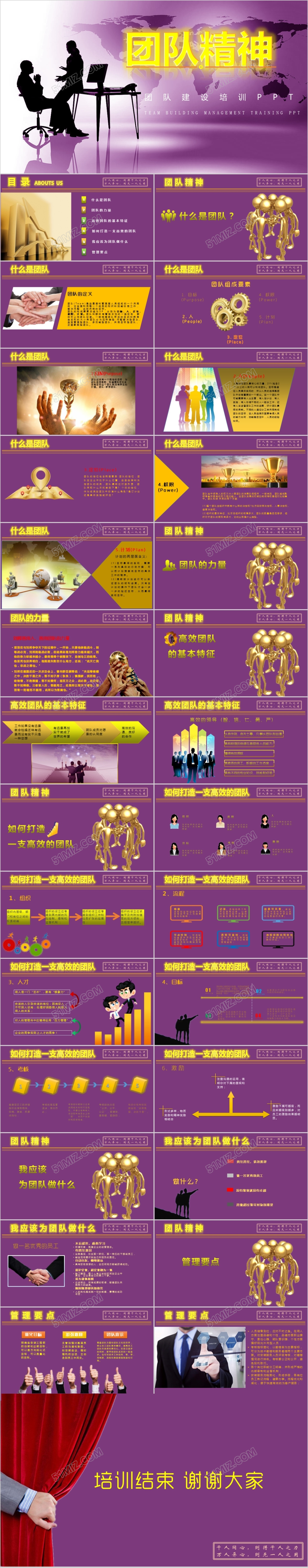 紫色高贵金色打造高效商务团队精神培训课件PPT
