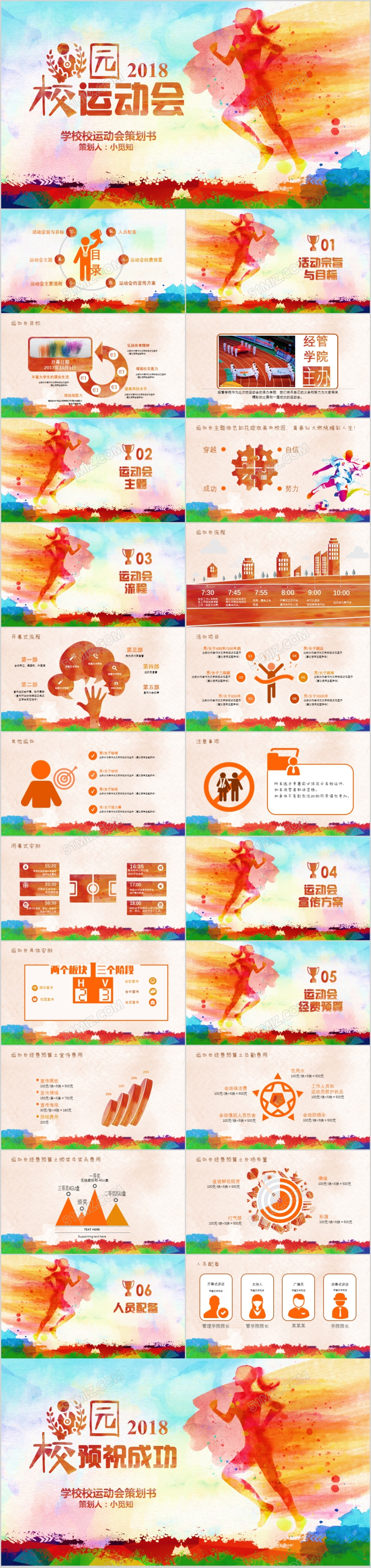 炫彩水彩风校园运动会策划方案通用模板PPT