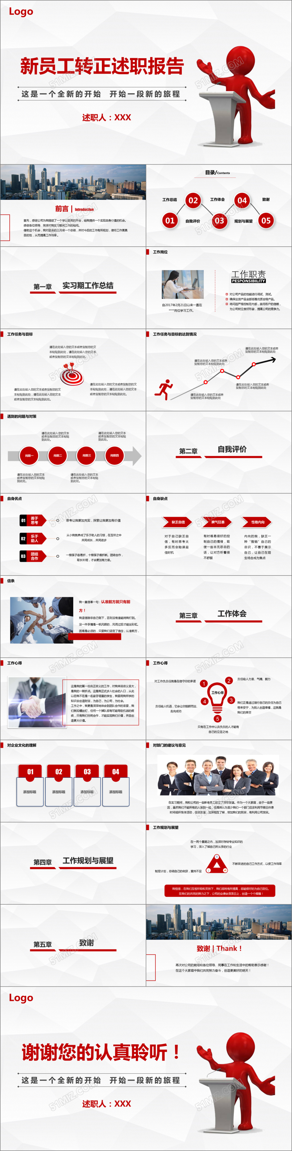 红色简约大气转正述职报告PPT模板
