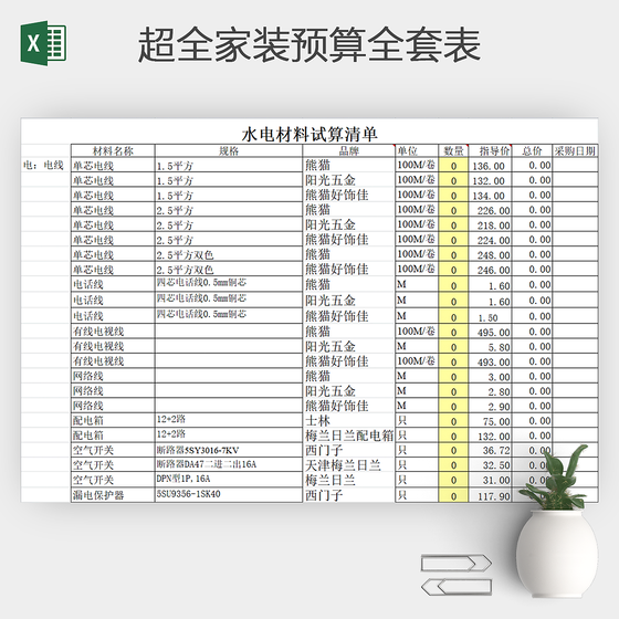 超全家装预算全套表excel模板

