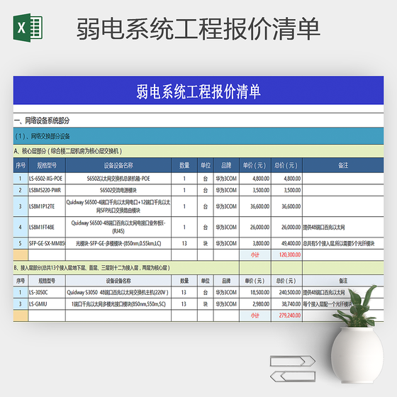 弱电系统工程报价清单Excel模版
