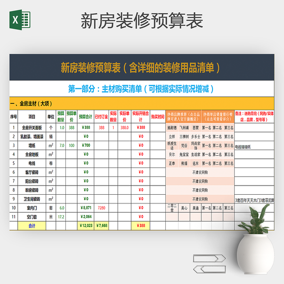 新房装修预算表Excel
