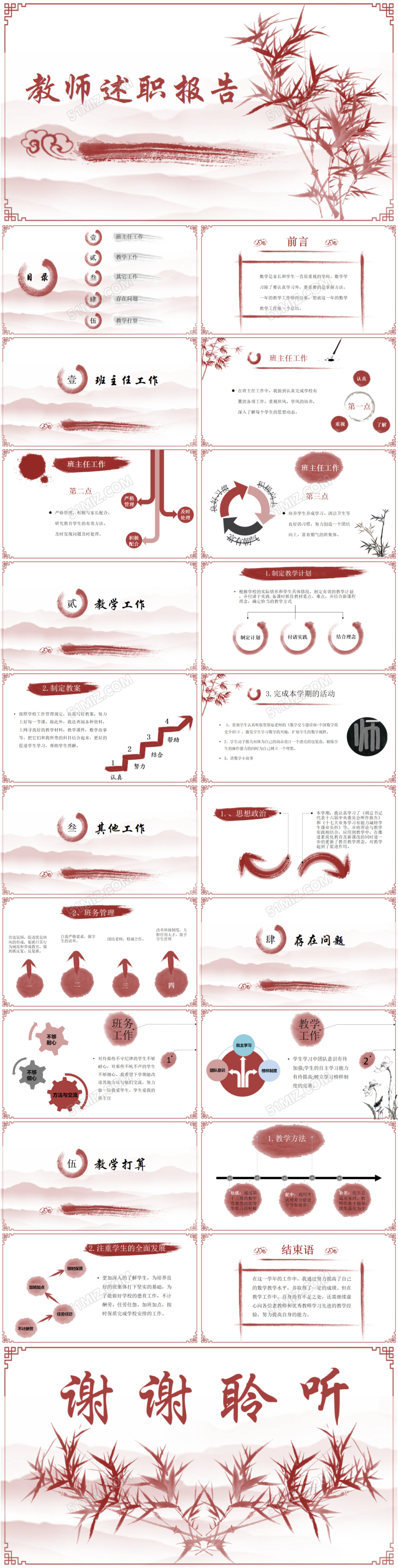 红色水墨中国风教师个人述职报告PPT模板