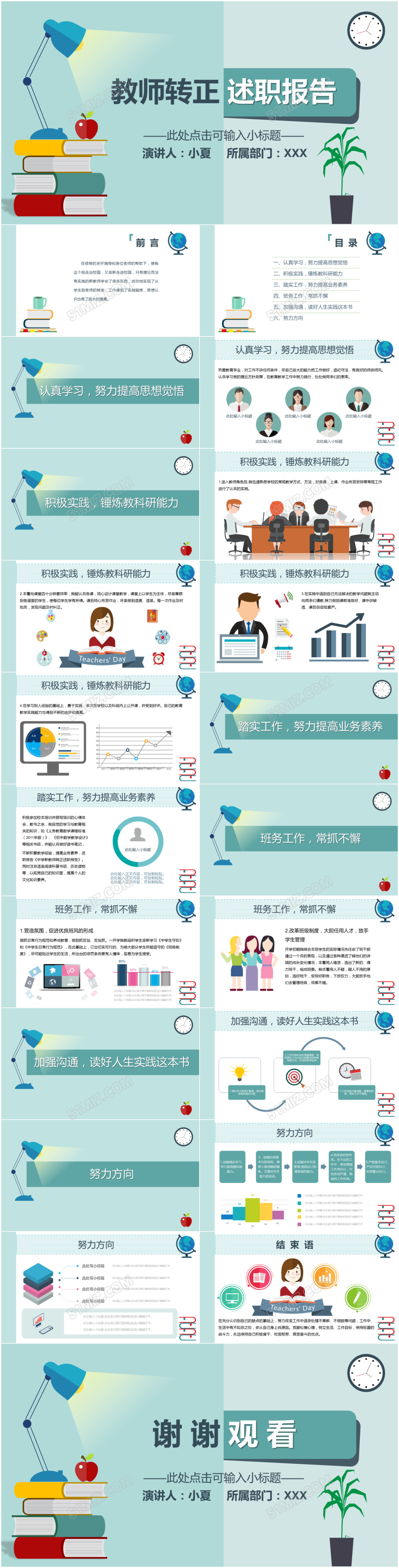 绿色系偏平风教师转正述职报告ppt模板