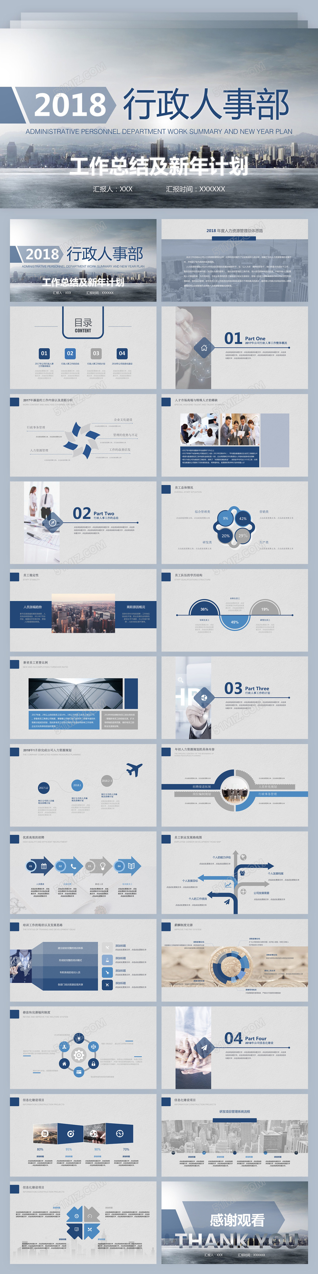 商务简约风行政人事工作述职蓝灰色ppt