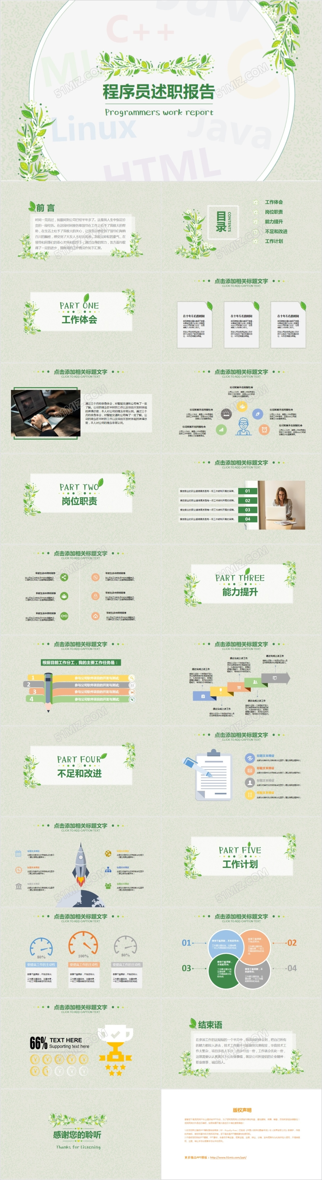 2018商务简约程序员述职报告工作总结小清新汇报PPT模板