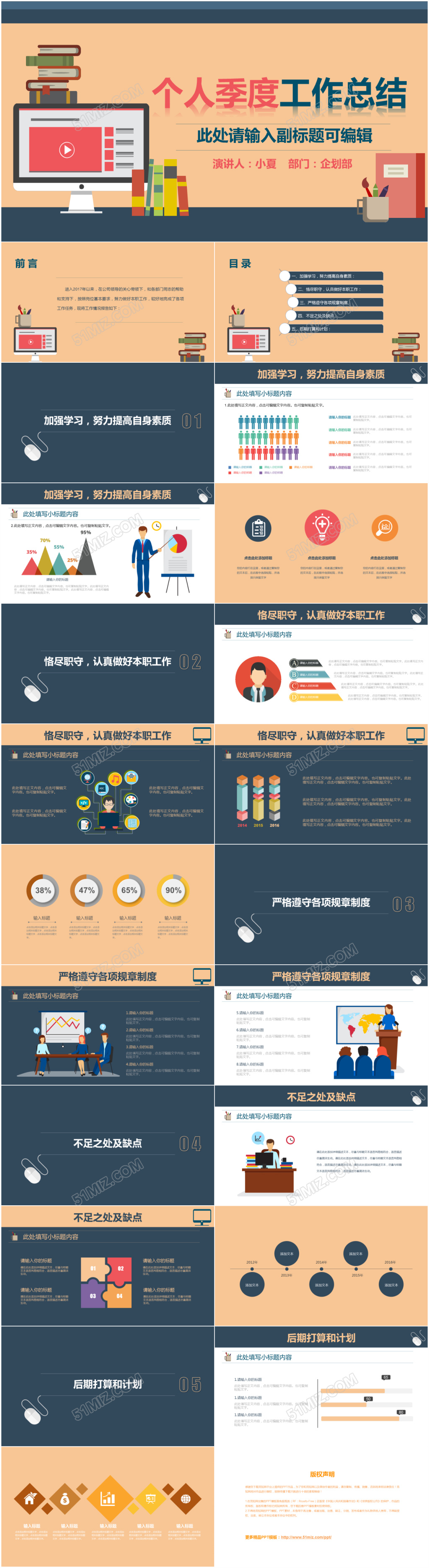 稳重扁平风公司个人季度工作总结ppt模板