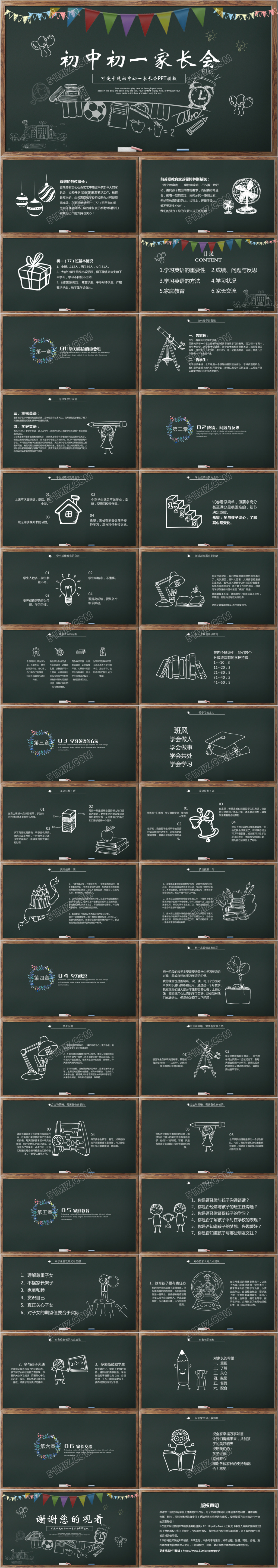 黑板风创意粉笔手绘初一家长会PPT