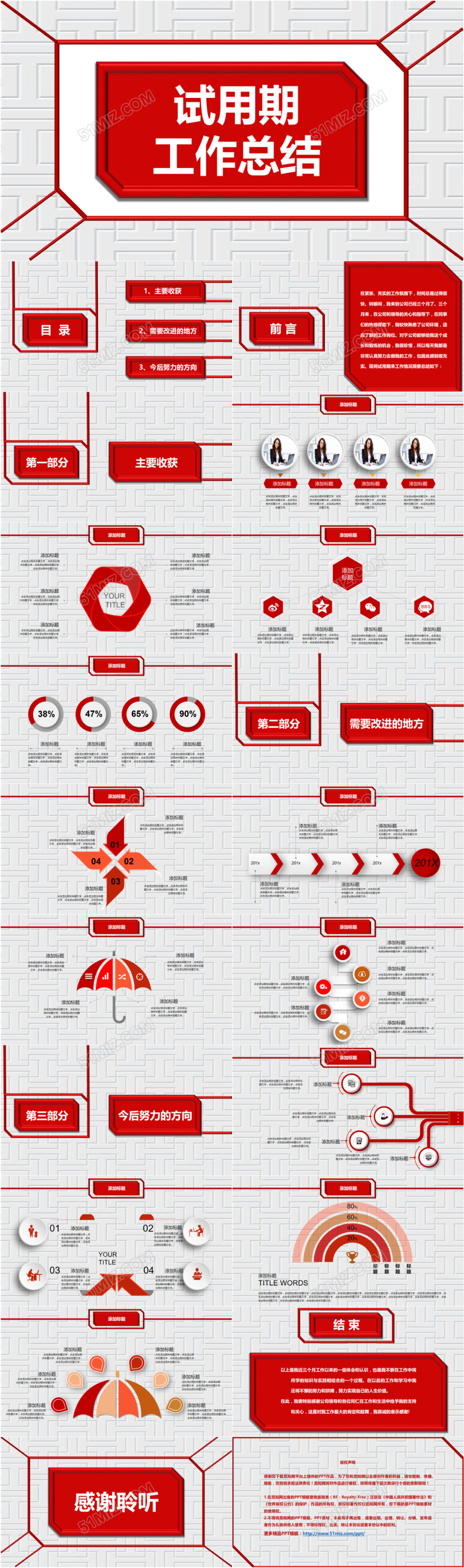 红色微立体简约大气试用期工作总结PPT模板