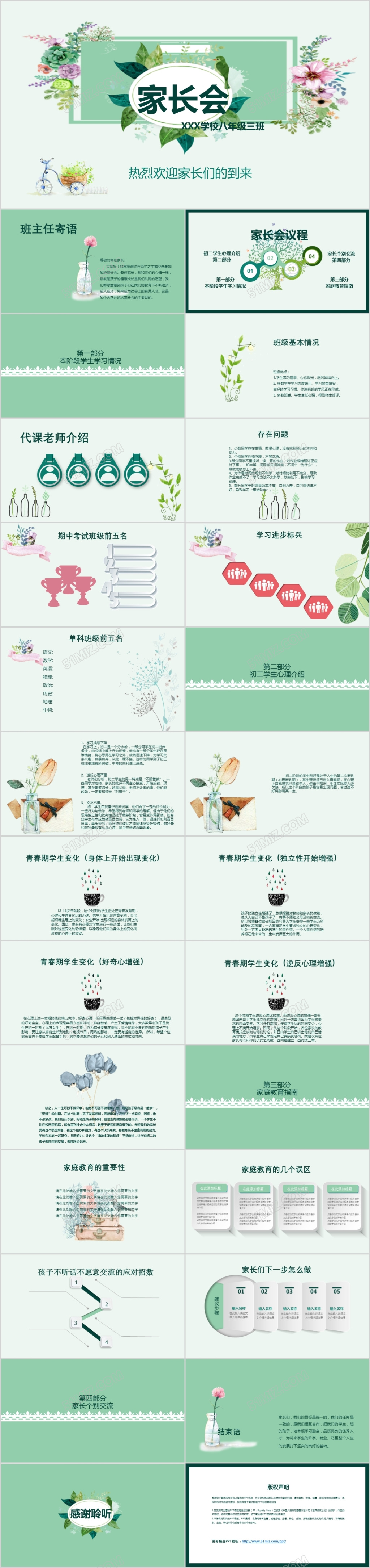 卡通儿童初中小清新八年级家长会PPT模板