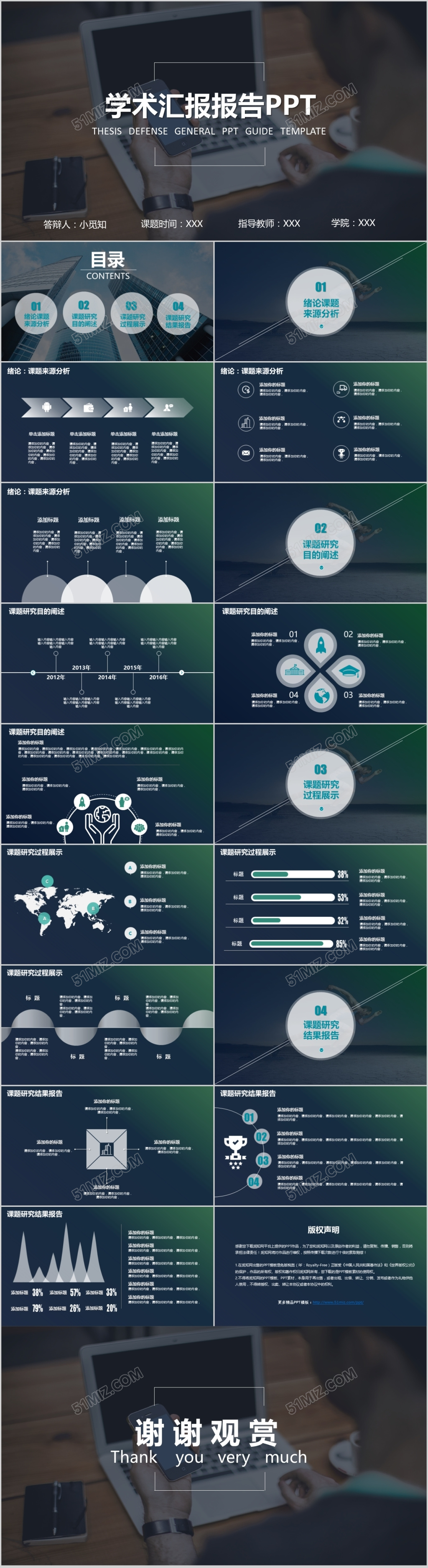 蓝绿色教育简约大气扁平化图文结合学术工作汇报报告Ppt模板