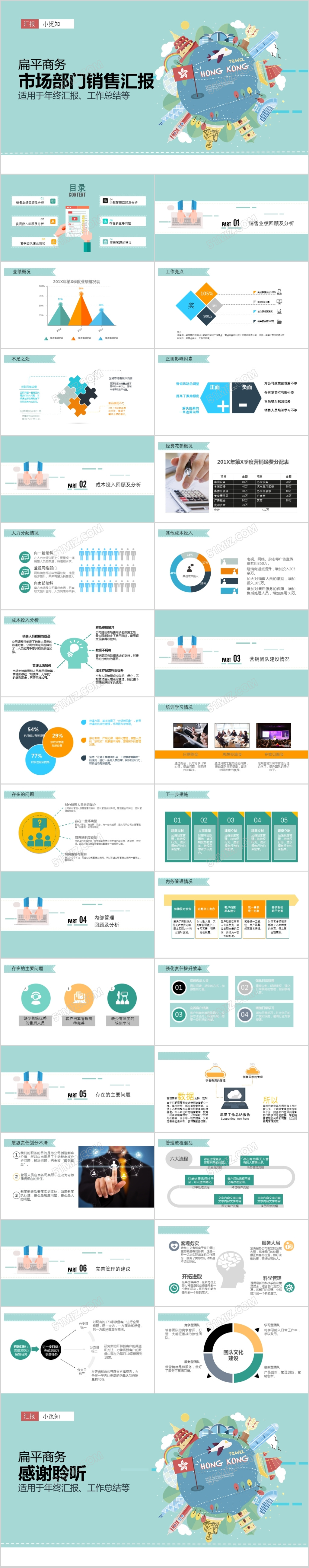 小清新扁平化市场部门销售工作汇报分析模板ppt