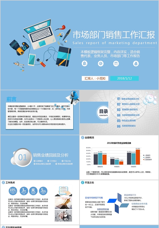 蓝白简约清新市场部门销售工作汇报PPT模板