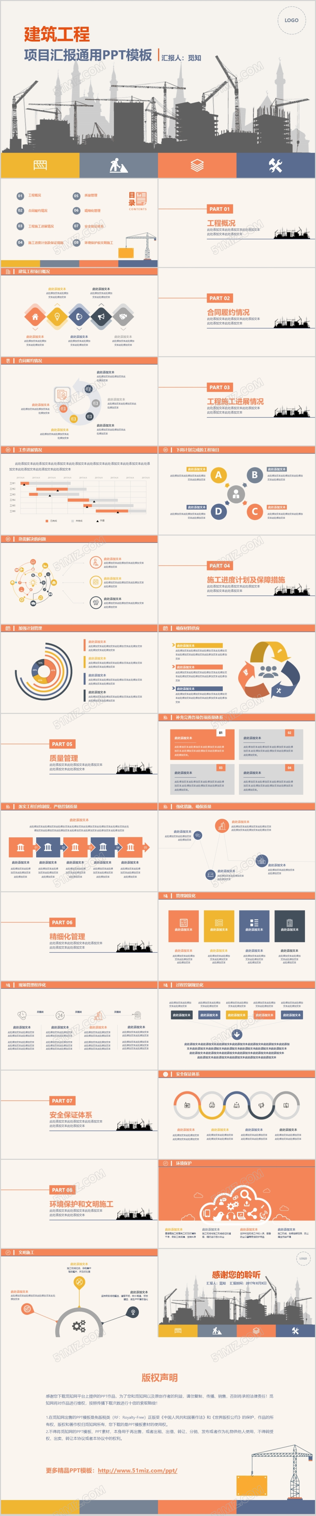 大气橙色扁平风建筑工程项目汇报通用PPT模板