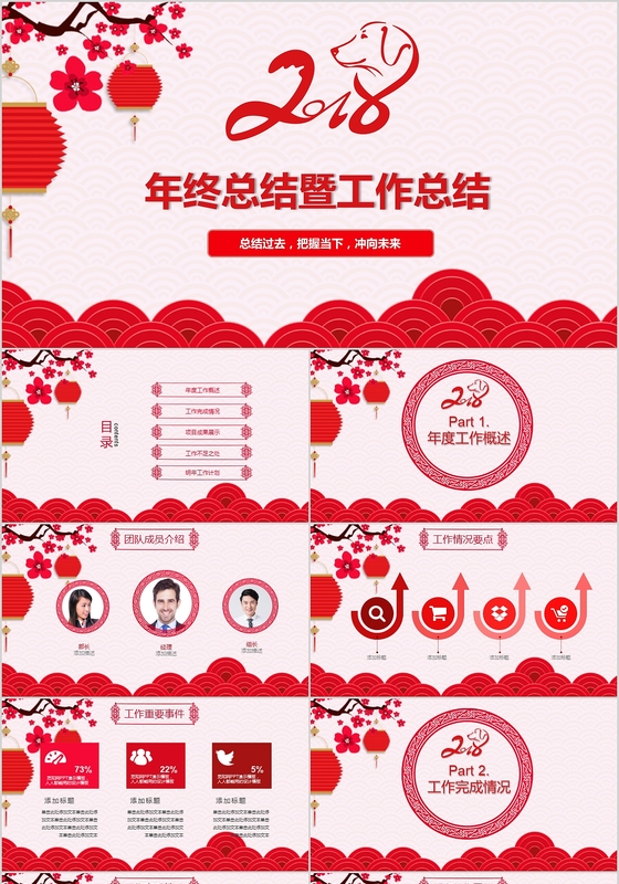 2018年红色喜庆剪纸狗年工作年终总结述职报告PPT模版