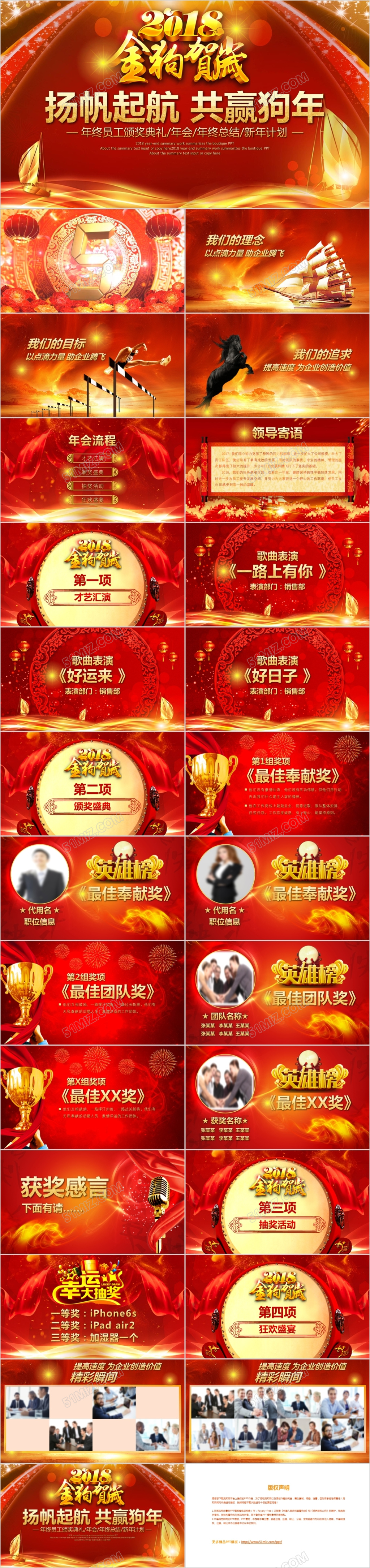 红色2018扬帆起航赢战狗年优秀员工颁奖典礼年会总结keynote模板