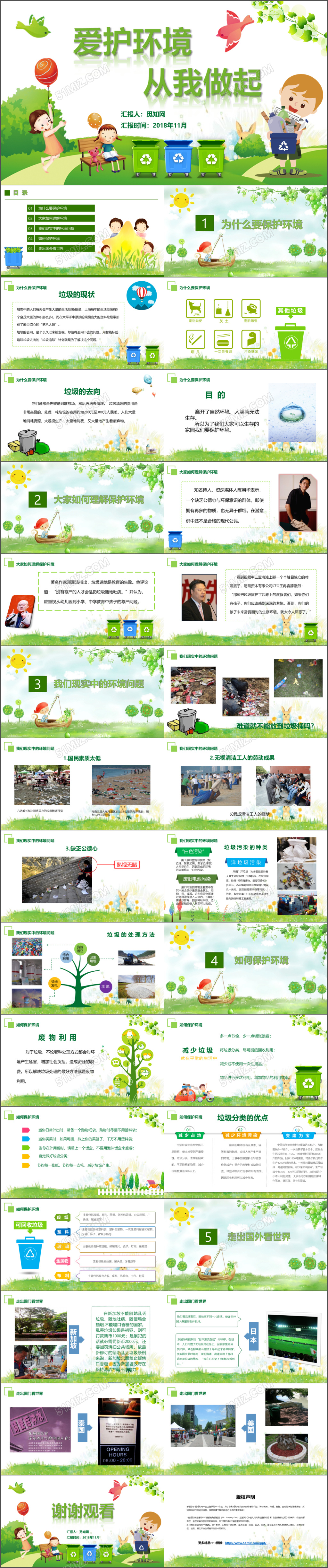 绿色环保卡通清新环境保护爱护家园主题班会课件讲座PPT