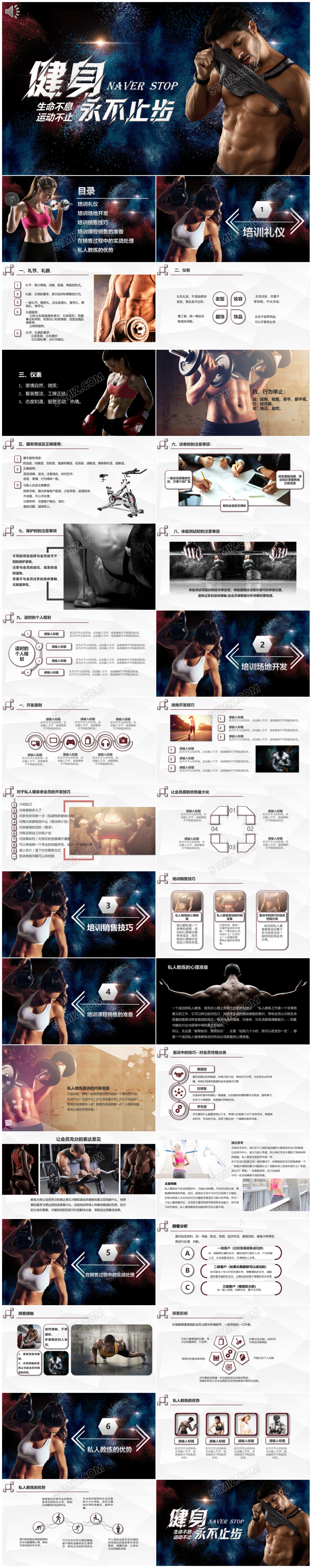 商务风动感健身私人教练培训PPT模板