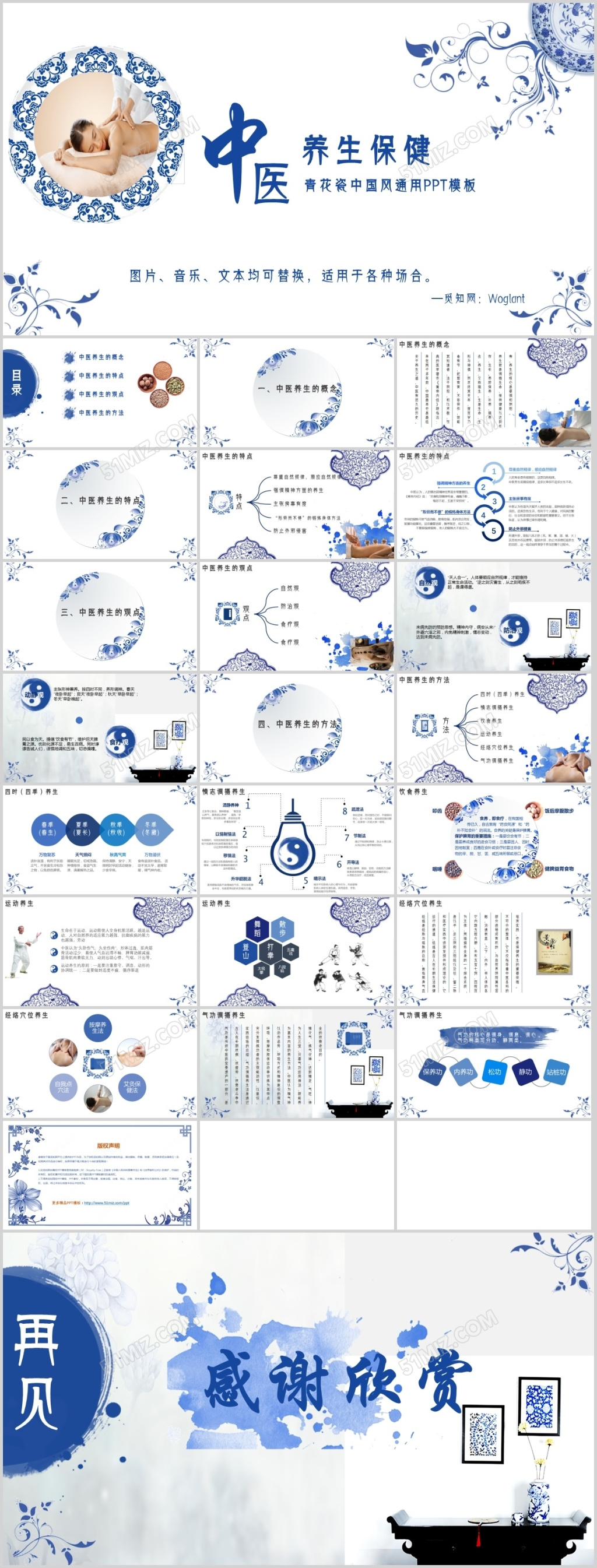 青花瓷中国风中医养生保健通用PPT模板