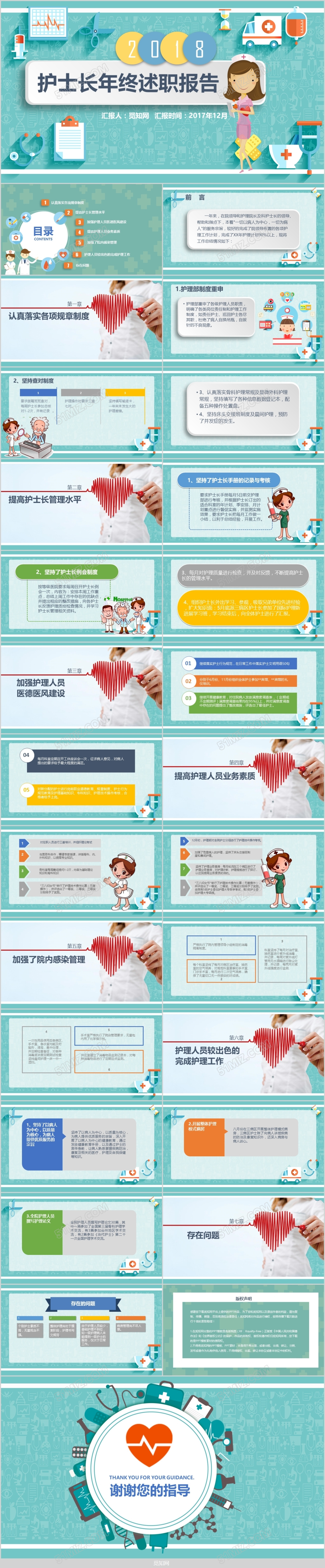护士长年度述职医疗报告年终总结新年计划卡通蓝色扁平化PPT模