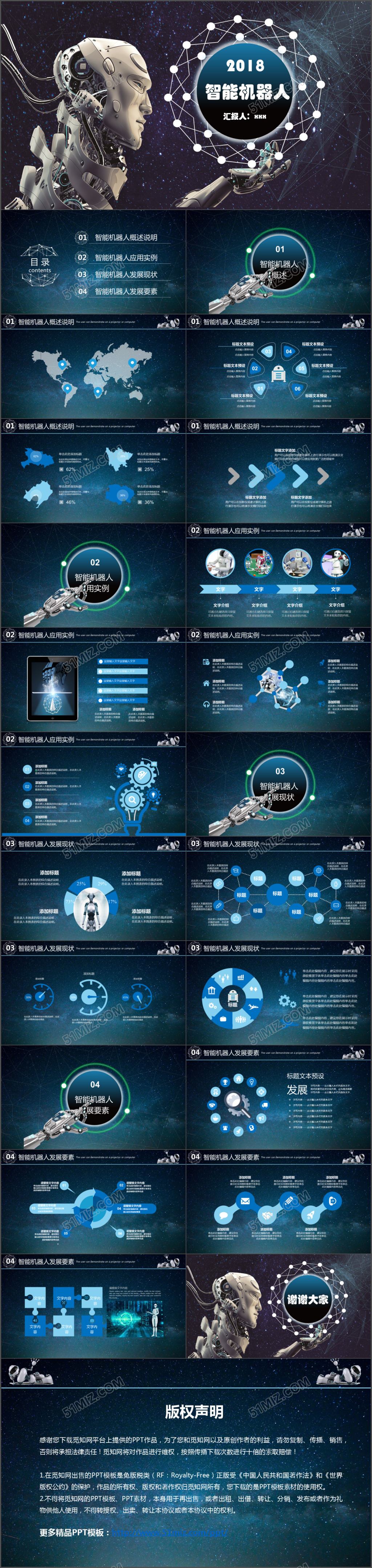 2018蓝绿星空科技感人工智能机器人ppt模板