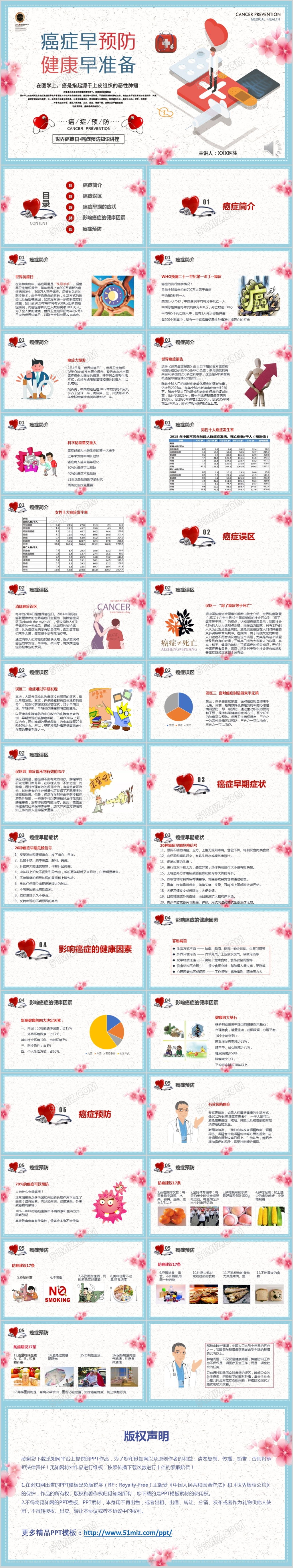 红蓝医疗世界抗癌日癌症预防宣传知识讲座爱心简约通用PPT模板