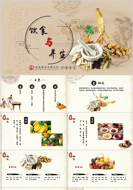 饮食与养生中国风简约精美动态PPT模板