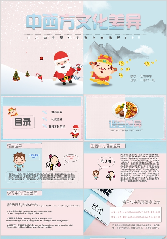 小清新冰淇淋色中西方文化差异中英文对照教师课件PPT