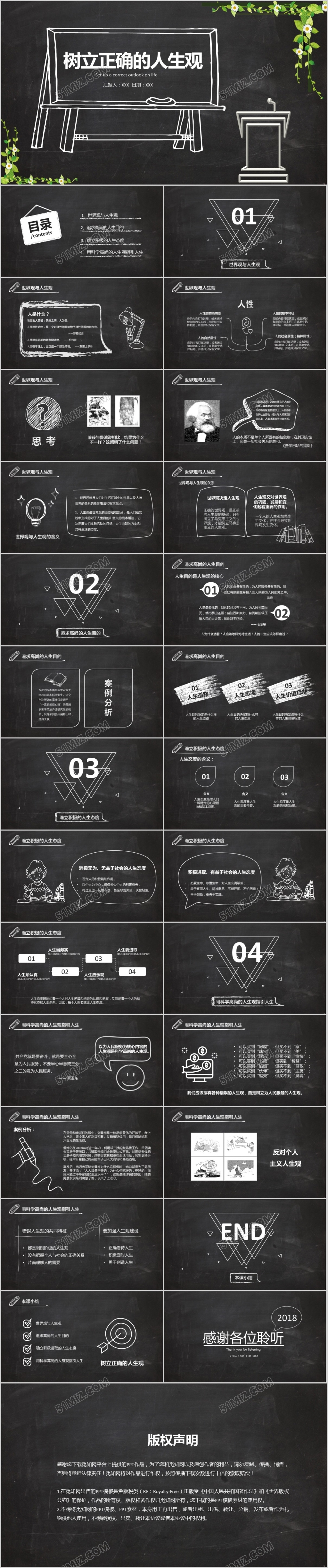 黑板手绘风树立正确的人生观价值观通用说课教学课件PPT模板