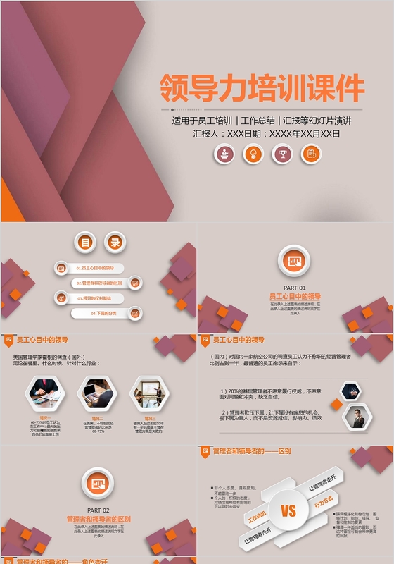 橙色红色微立体领导与领导力培训简约大气商务PPT模板