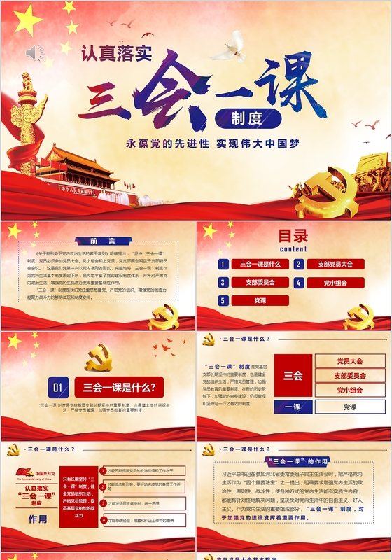 大气简约基层党支部党建工作三会一课框架完整PPT模板