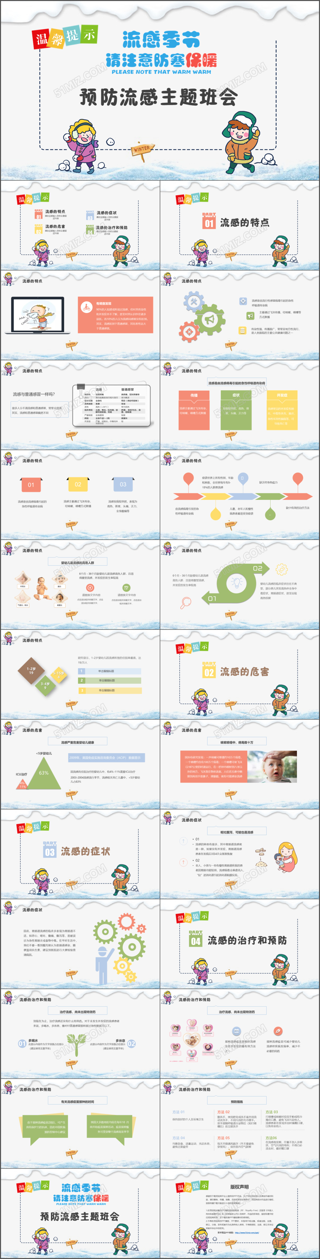卡通清新预防流感主题班会PPT
