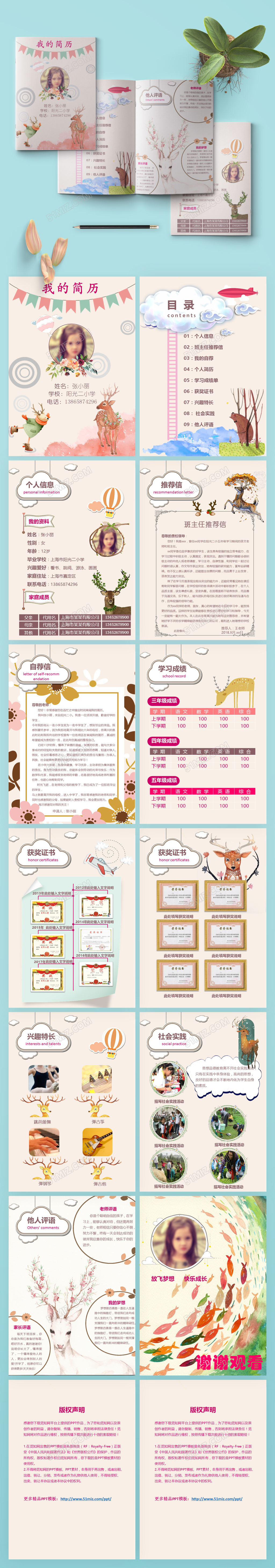 粉红小清新文艺幼升小升初学生简历PPT