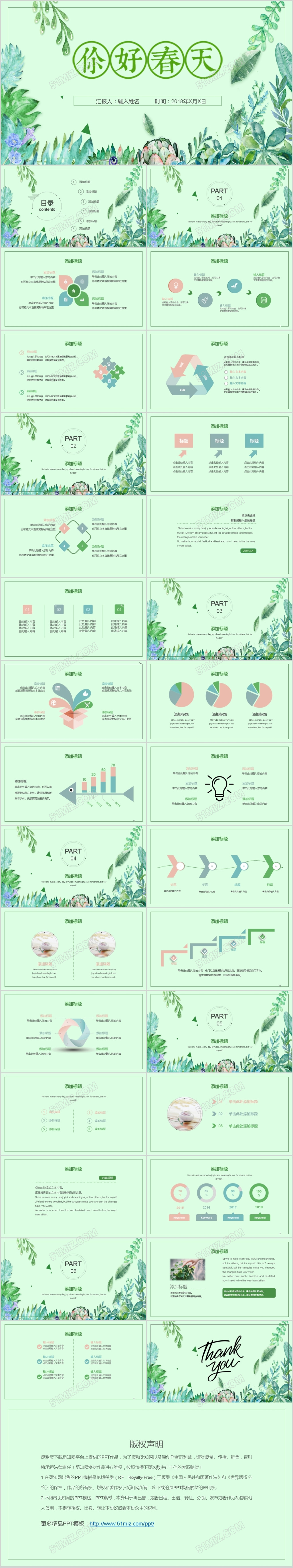 通用绿色清新手绘春天春游花草春季出游工作计划总结PPT模版