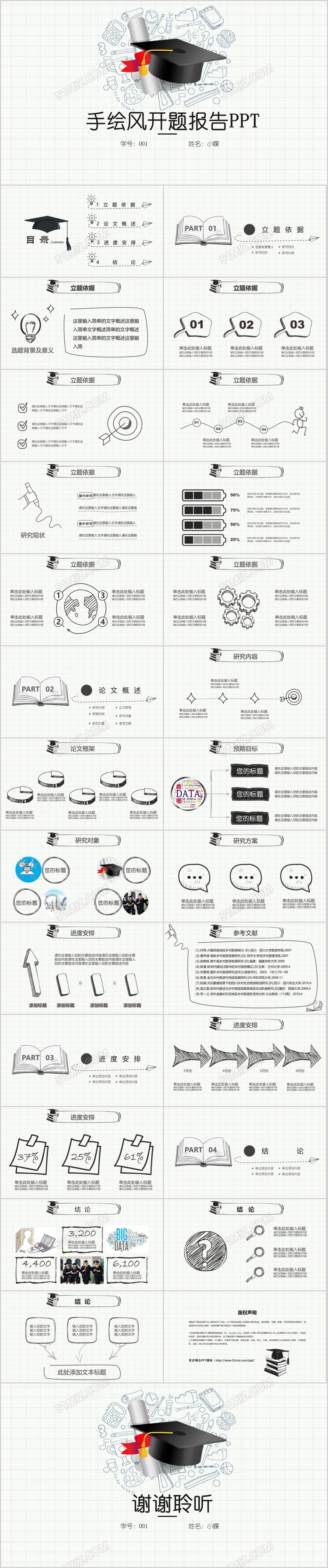 黑灰色手绘风大学生毕业设计开题报告论文答辩PPT模板