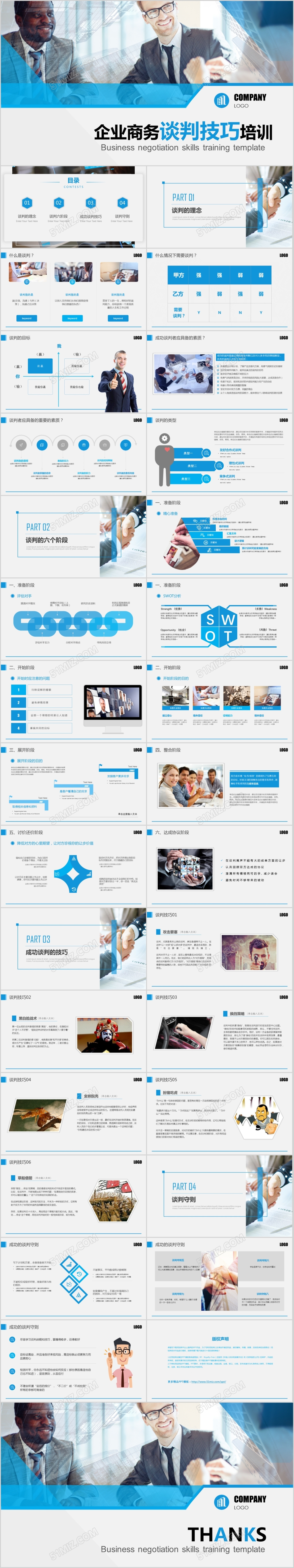 蓝色商务风企业谈判人员员工商务谈判技巧培训课件PPT模板