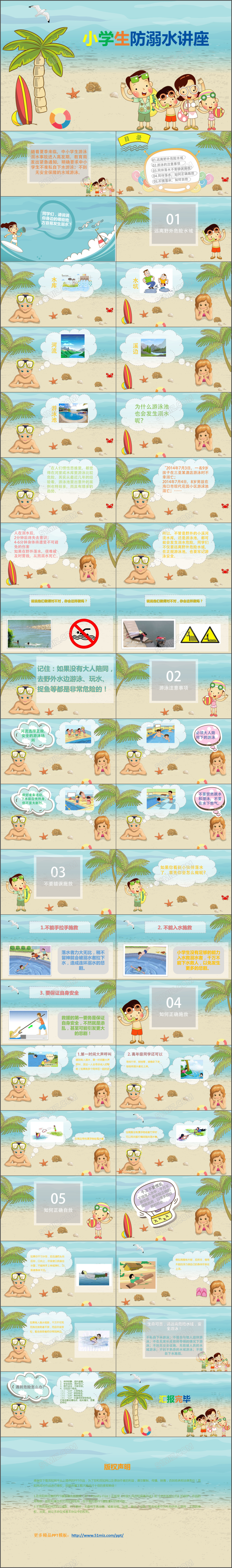 动态卡通可爱小学生防溺水安全讲座班会PPT模板课件