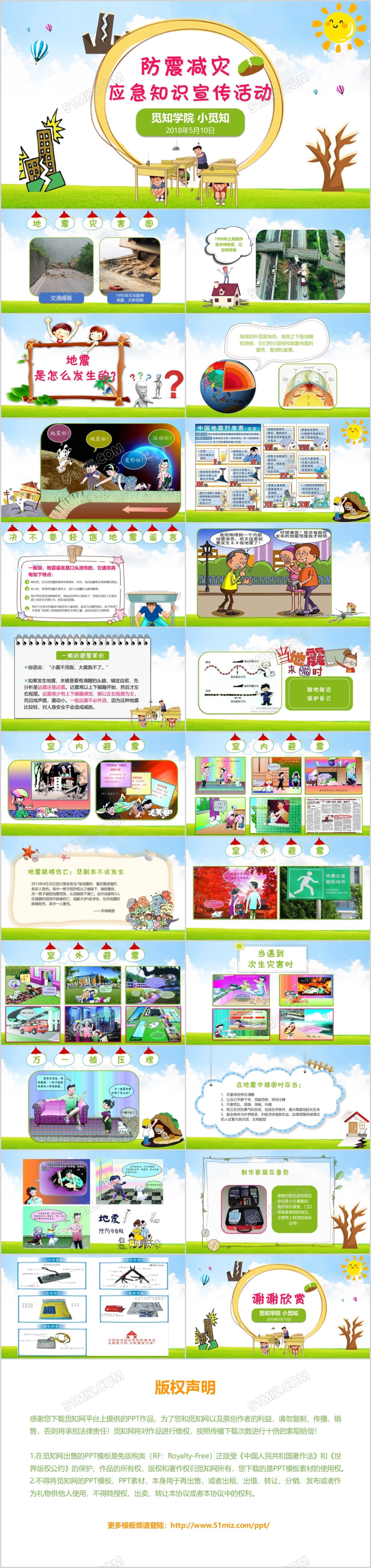可爱卡通绿色清新防震减灾应急知识宣传活动PPT模板