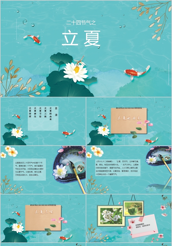 二十四节气夏天蓝色清新荷花蜻蜓立夏PPT模板