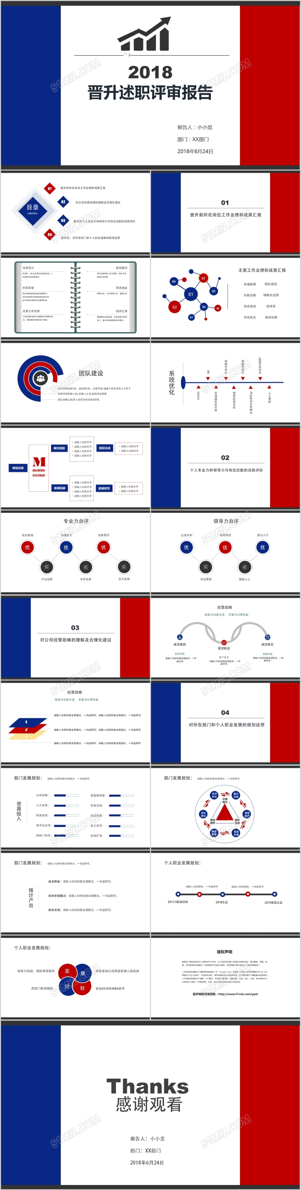 红蓝色扁平化大气通用汇报报告竞聘PPT模板