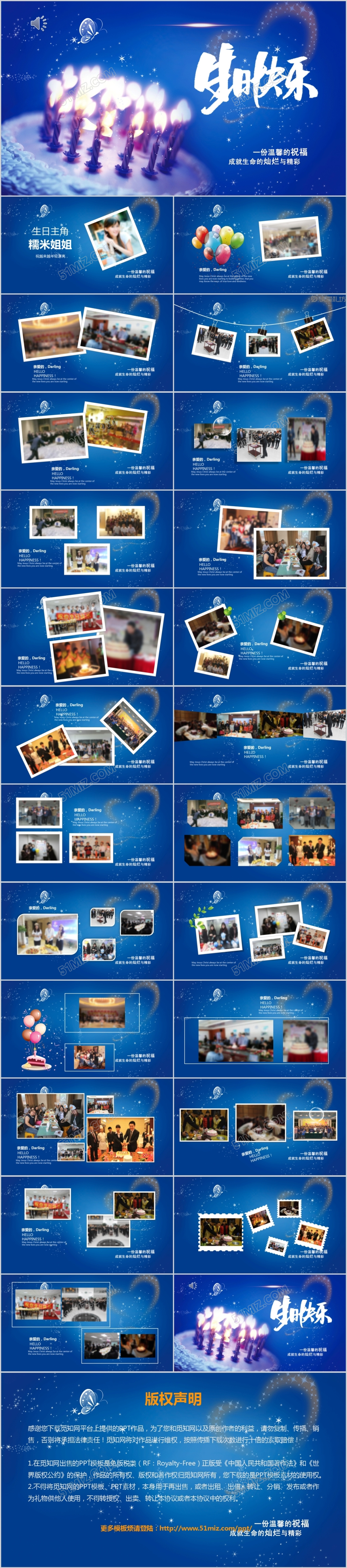 蓝色唯美企业员工生日会生日快乐相册PPT模板