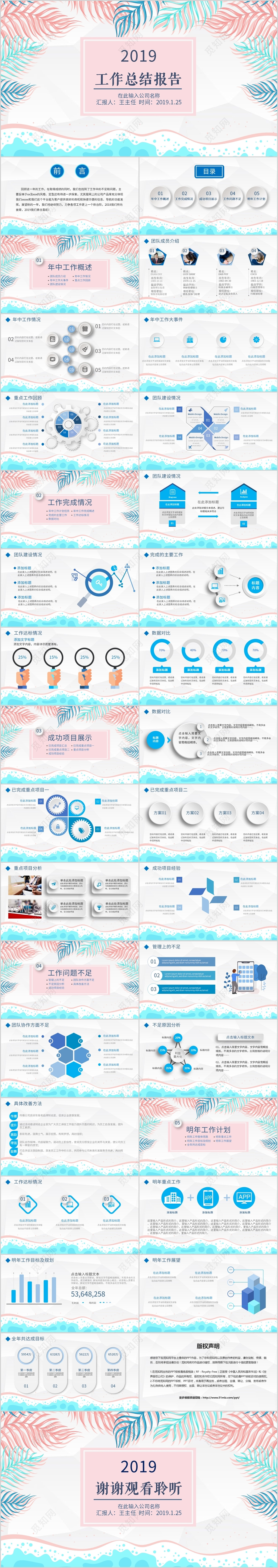 蓝色小清新夏日风微粒体年终总结年中工作总结报告PPT模板