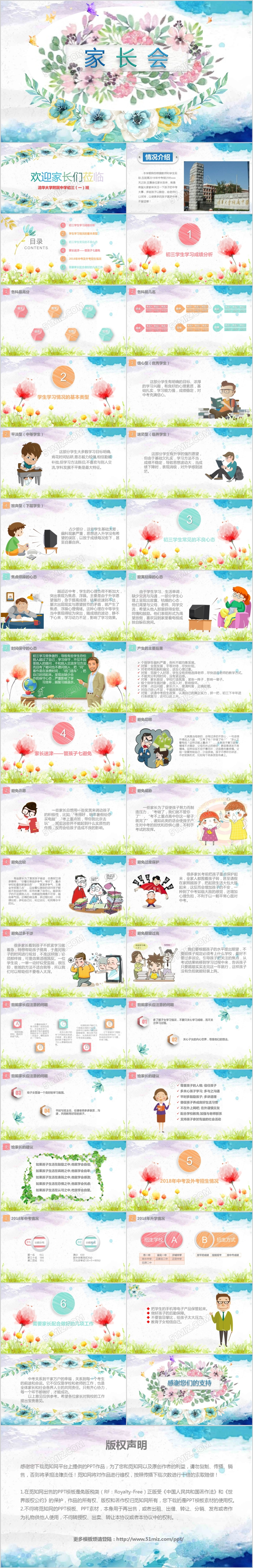 彩色水墨手绘初三中考前家长会课件PPT模板