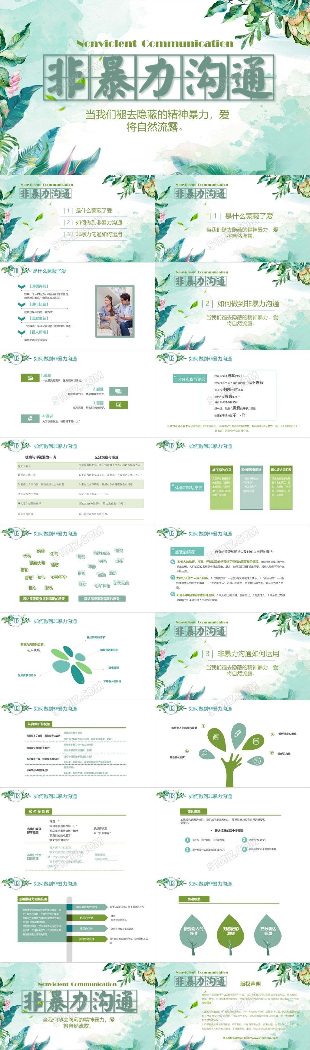读书分享清新非暴力沟通技巧PPT模板