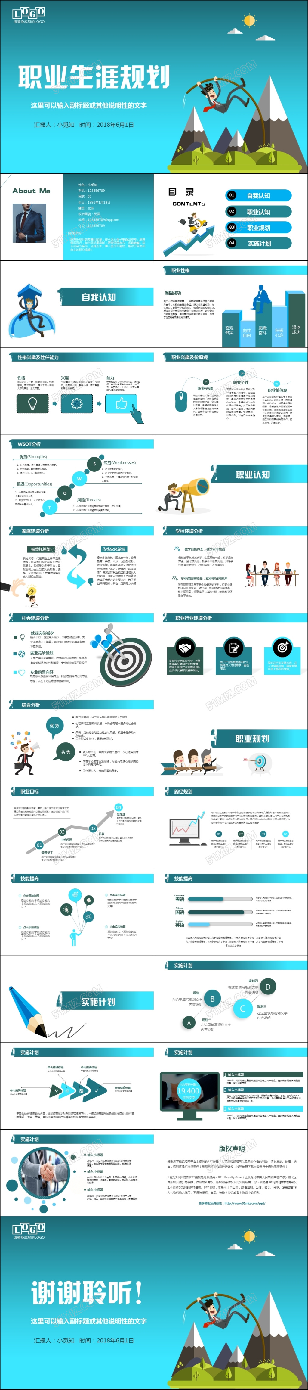 蓝色扁平风职业生涯规划大学生职业规划书个人简历竞聘PPT模板