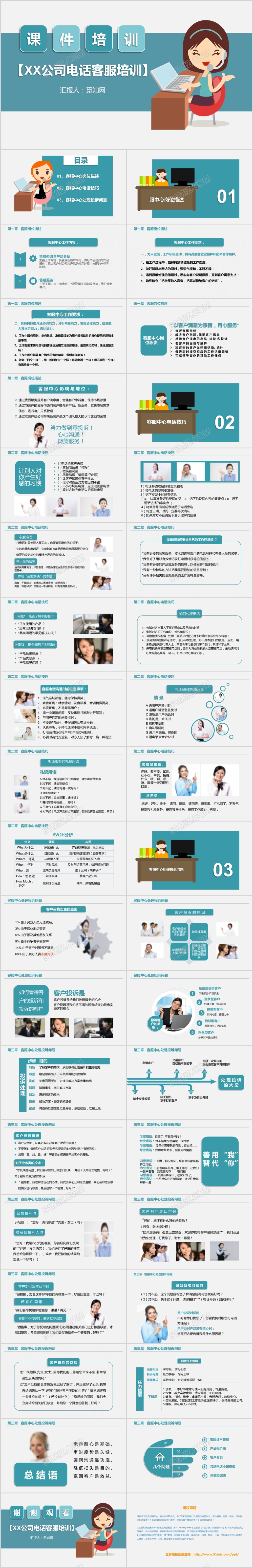 蓝色商务电话客服培训公司企业培训课件PPT模板
