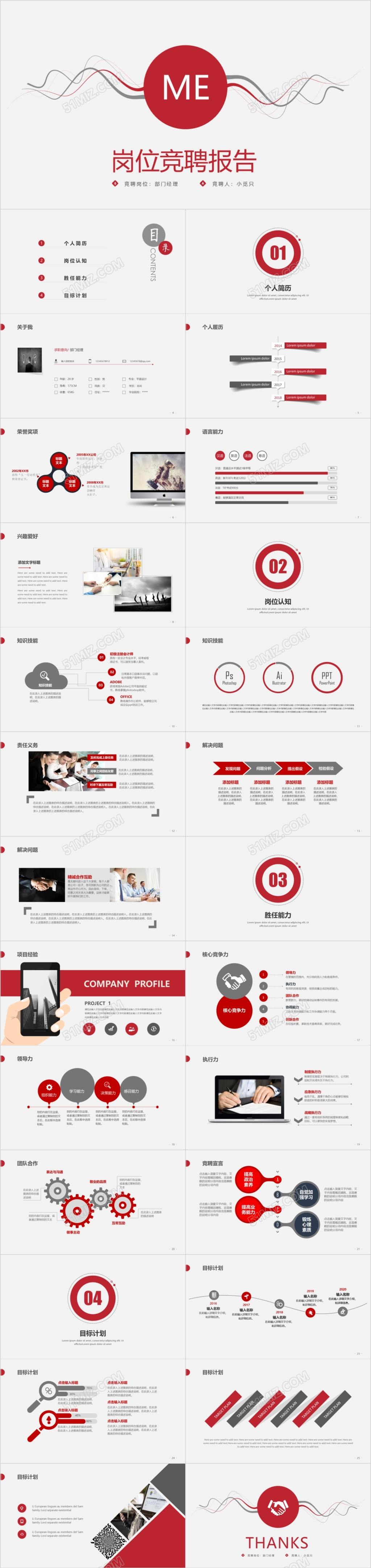 红色商务岗位竞聘个简历ppt模板