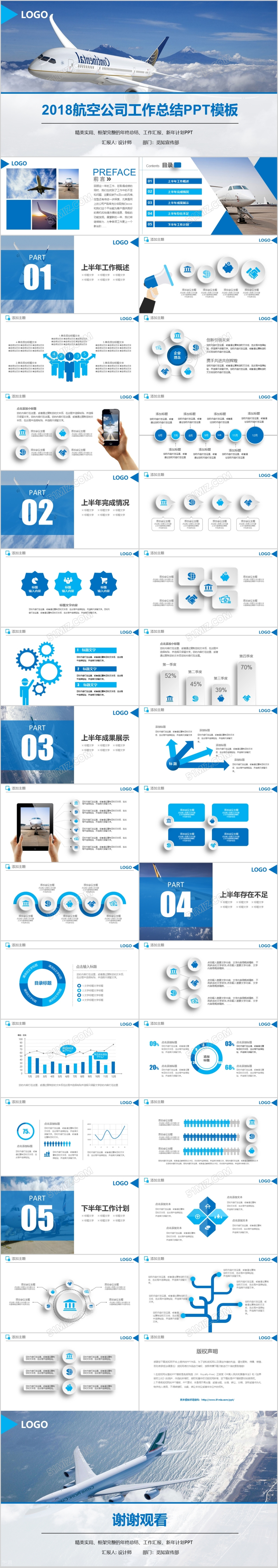 2018蓝色大气航空航天公司年终总结ppt工作总结PPT模板