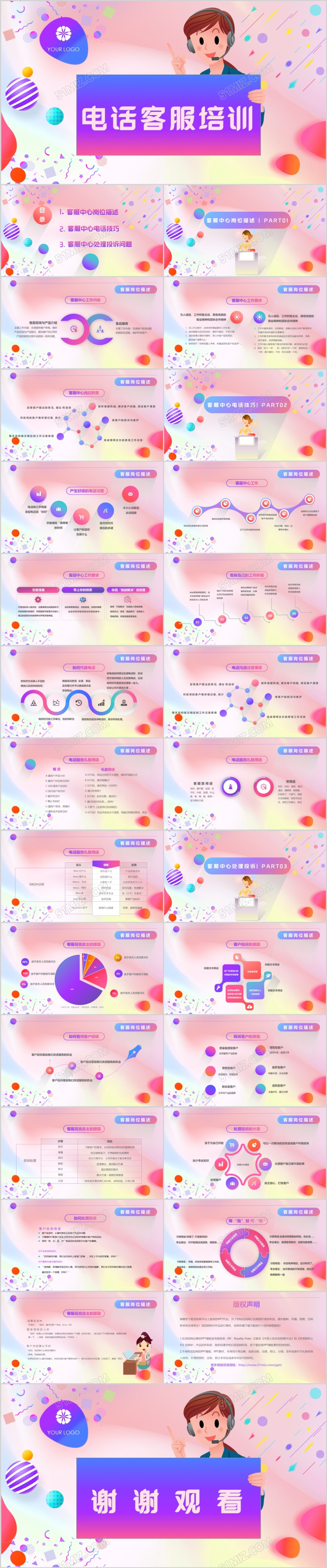 电话客服培训柔色渐变孟菲斯风格PPT模板