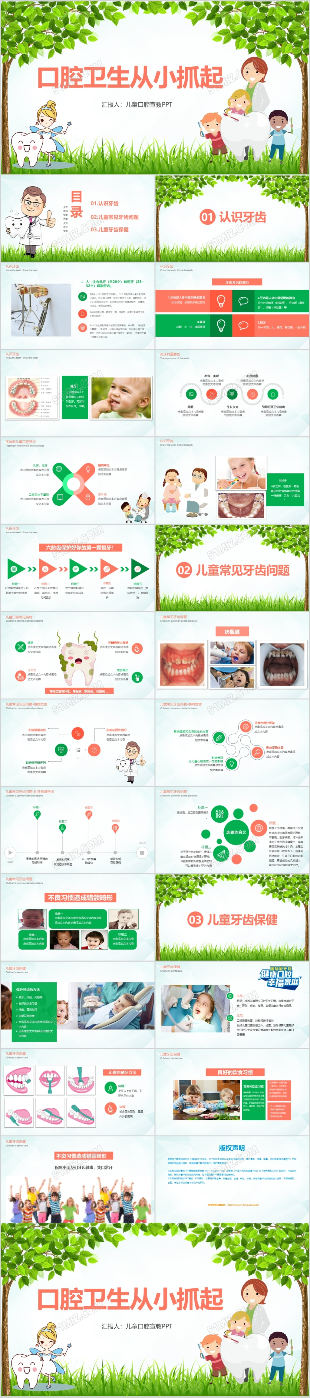 绿色儿童牙齿口腔预防与保护PPT模板儿童口腔宣教ppt